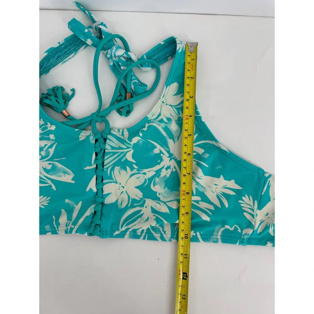 Swim Systems Sz 38D Teal White Floral Halter Bikini Top Lace Up Tassel Swimwear